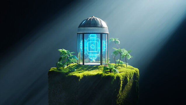 Glowing geometric structure on mossy island with plants futuristic glass - Powered by Adobe