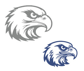 Two Eagle Head Illustrations Gray and Blue Facing Right on White Background