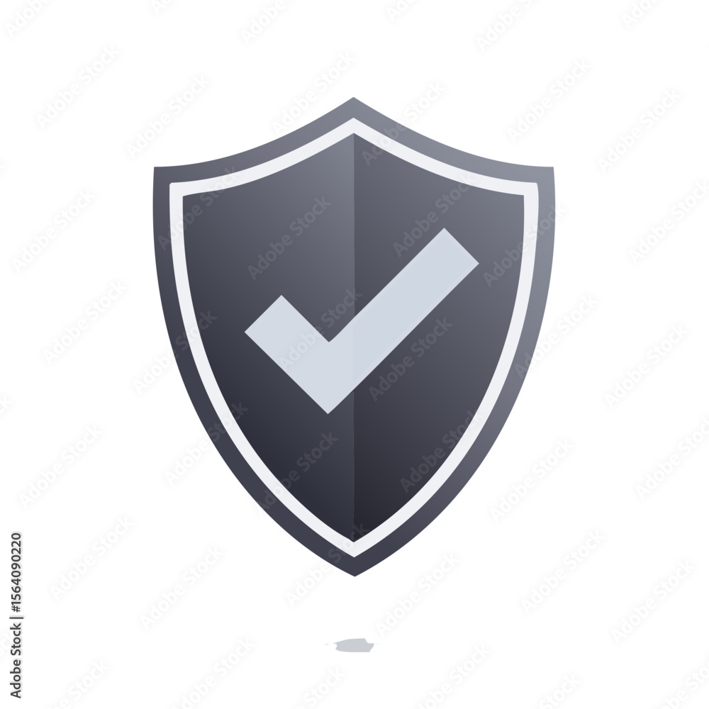 Poster gray shield with checkmark on black backdrop representing security and approval