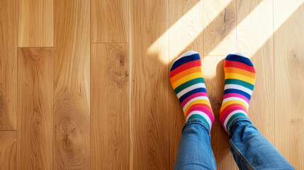 Colorful striped socks on wooden floor create cheerful atmosphere, perfect for cozy moments at home