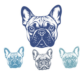 Detailed French Bulldog Head Illustrations in Various Shades of Blue