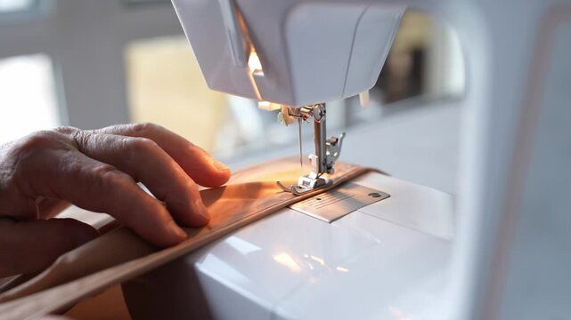 Tailor sewing beige fabric on electric sewing machine