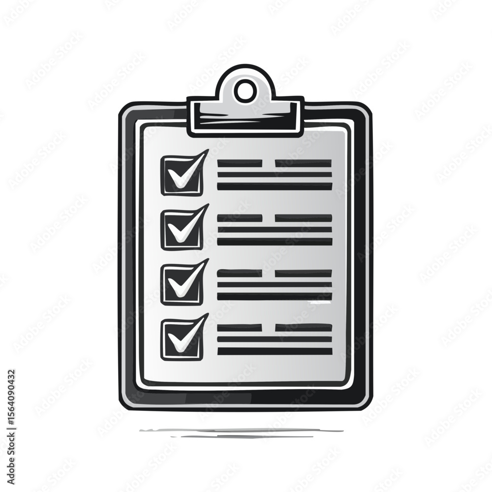 Poster cartoon clipboard checklist with tick marks symbolizing tasks completed showing efficiency and succe