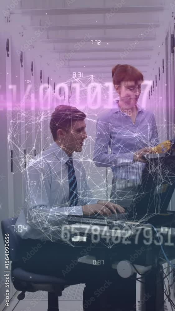 Poster animation of data processing over businessman using smartphone