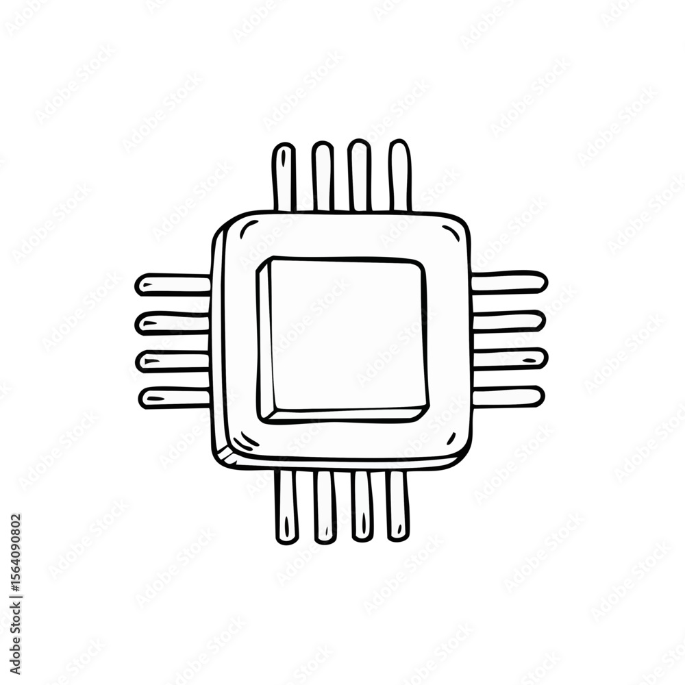 Poster doodle style computer chip illustration on black circuit board sketch for tech projects and designs 