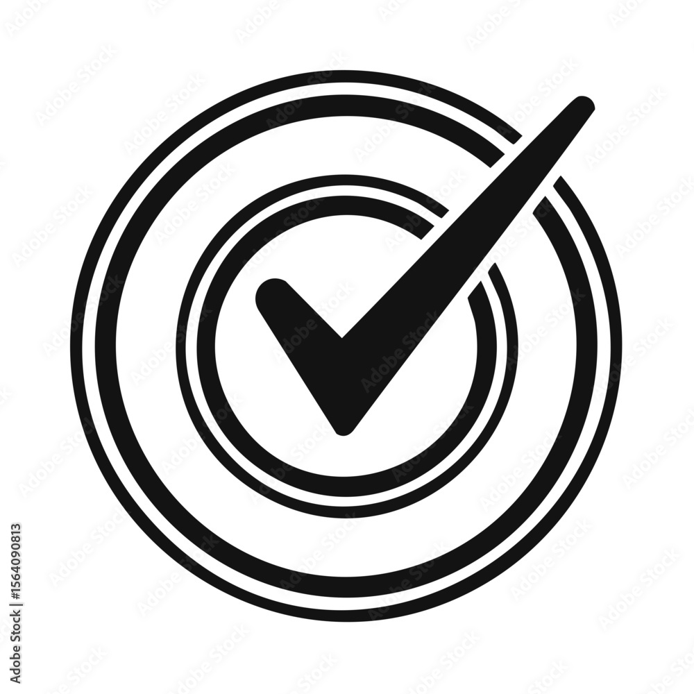 Poster check mark with circle concentric rings silhouette symbol of validation approval and completion
