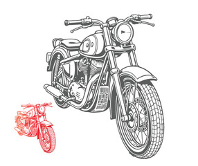 Vintage Motorcycle Illustration with Detailed Line Work and Red Accent Image