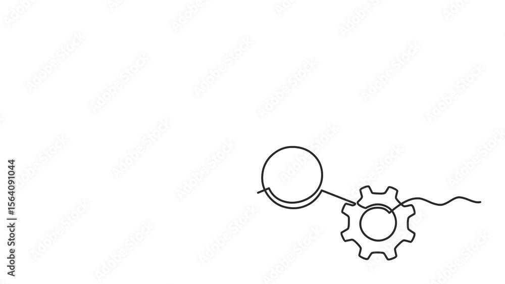 Poster animated self drawing of continuous line draw gears wheels. two cogwheels in lineart style. symbol o
