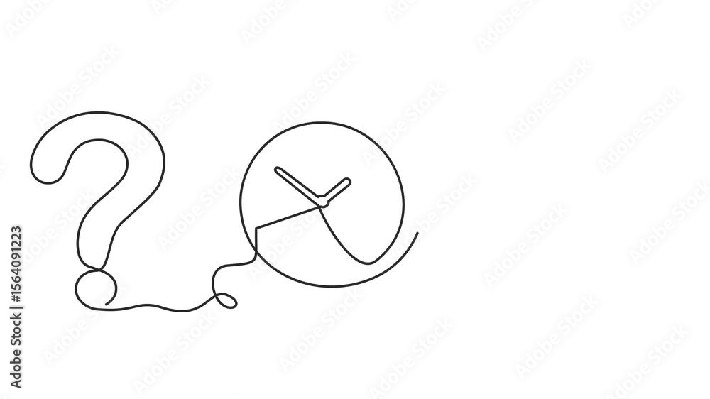 Poster animated self drawing of continuous line draw question mark and clock. metaphor of disorganized diff