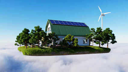 Obraz premium Green roof house with solar panels and wind turbine on floating island image