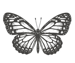 Detailed Black and White Butterfly Illustration with Intricate Wing Patterns