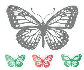Butterfly Silhouettes in Gray Green and Red on a White Background