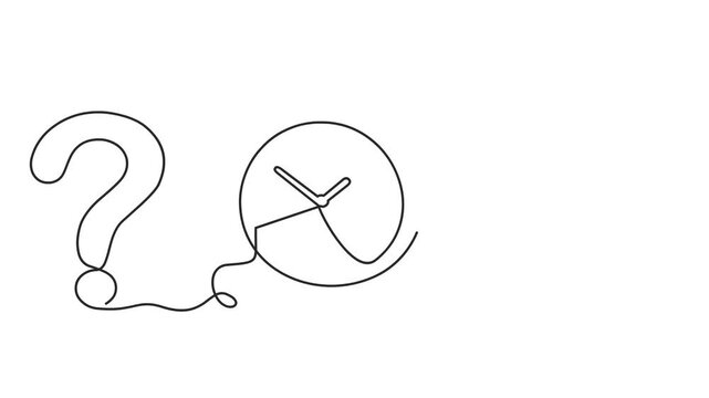 Animated self drawing of continuous line draw question mark and clock. Metaphor of disorganized difficult problem, mess with black continuous tangle thread in need of unraveling. Animation 4K