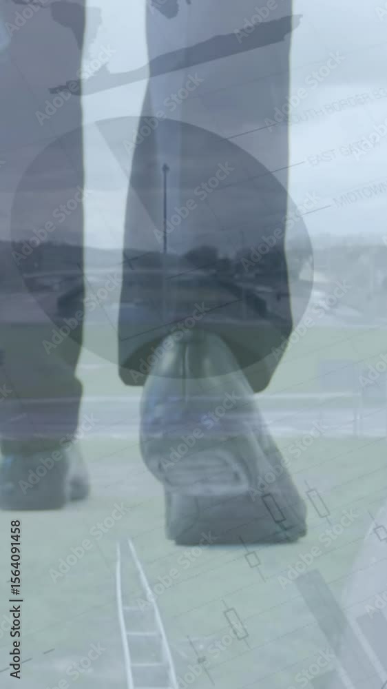 Poster animation of statistical data processing over low section of businessman walking against cityscape