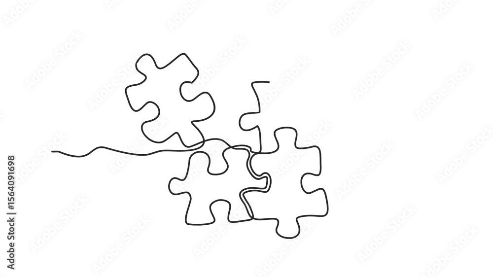 Poster animated self drawing of continuous line draw four piece jigsaw on a white background. puzzle game s