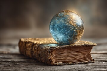 Crystal globe resting on a weathered book with golden details in warm ambient light