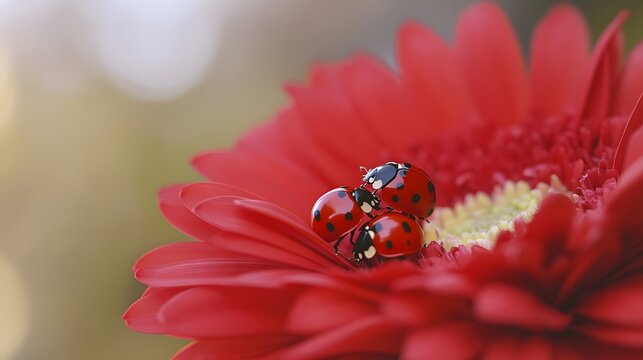 Three Ladybugs on Red Gerbera Daisy Closeup