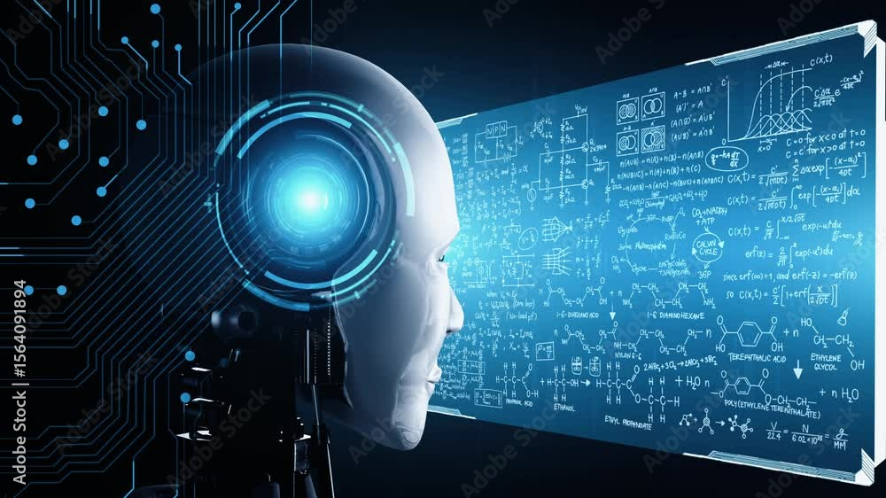 Poster hominoid ai robot looking at hologram screen in concept of math calculation and scientific equation 