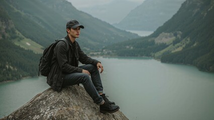 A young man with backpack sits on a mountaintop rock, overlooking a tranquil lake surrounded by majestic mountains, enjoying the scenic vista.