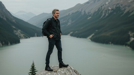 Man stands atop a rock overlooking a majestic lake surrounded by mountains, enjoying the serene natural landscape of the Canadian wilderness.