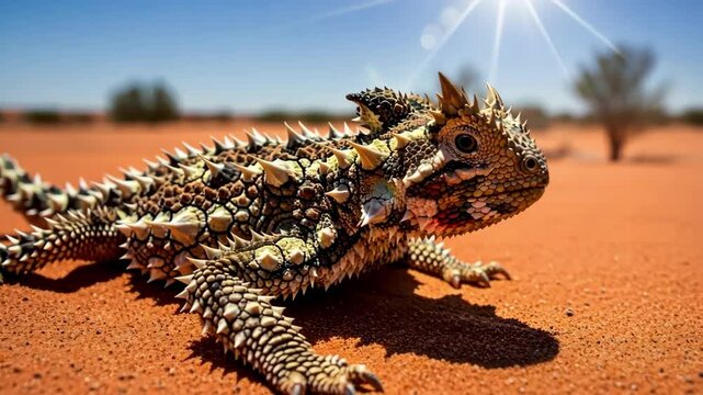 Thorny devil lizard in sunny desert landscape with blue sky, animal wildlife.