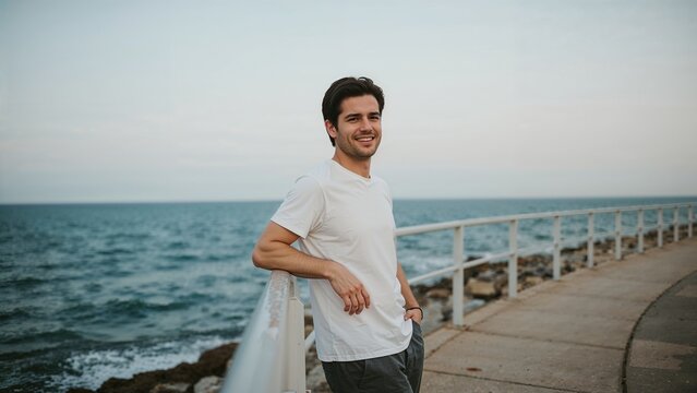 Smiling man enjoys ocean view from coastal pier, relaxing in casual wear on a bright day.