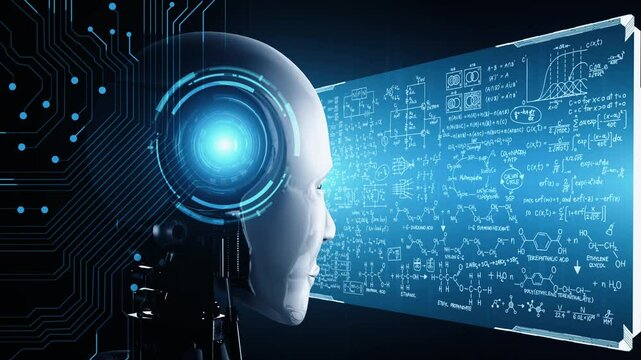 hominoid AI robot looking at hologram screen in concept of math calculation and scientific equation analytic using artificial intelligence by machine learning process. 3D rendering.