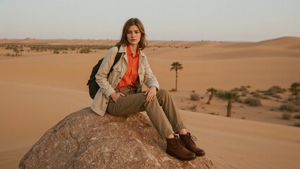 Woman dressed in outdoor apparel sits atop a desert rock, set against a backdrop of rolling sand dunes and distant palm trees in a warm, earthy setting.