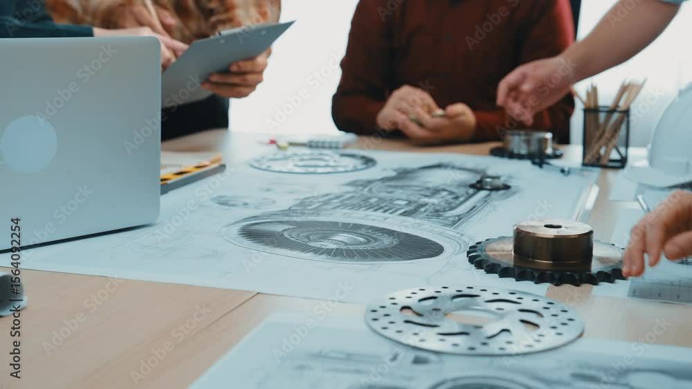 Aufkleber a dynamic team collaborates on an engineering project in a modern office, featuring technical drawin