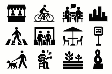 Black icons on white background for real urban life. Minimal vector for street culture.