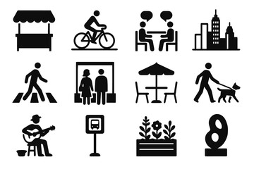 12 black urban lifestyle icons on white. Vector for authentic city living scenes.