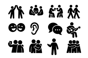 12 black friendship icons on white. Vector for authentic connection and relaxed moments.