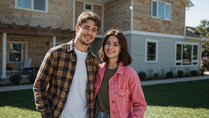 Young couple smiles brightly outside their new home, embodying the excitement of homeownership and a fresh start together.