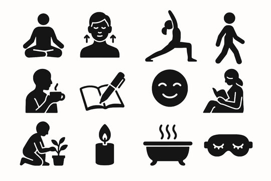 Black icons on white background for self-care scenes. Minimal vector for calm design.