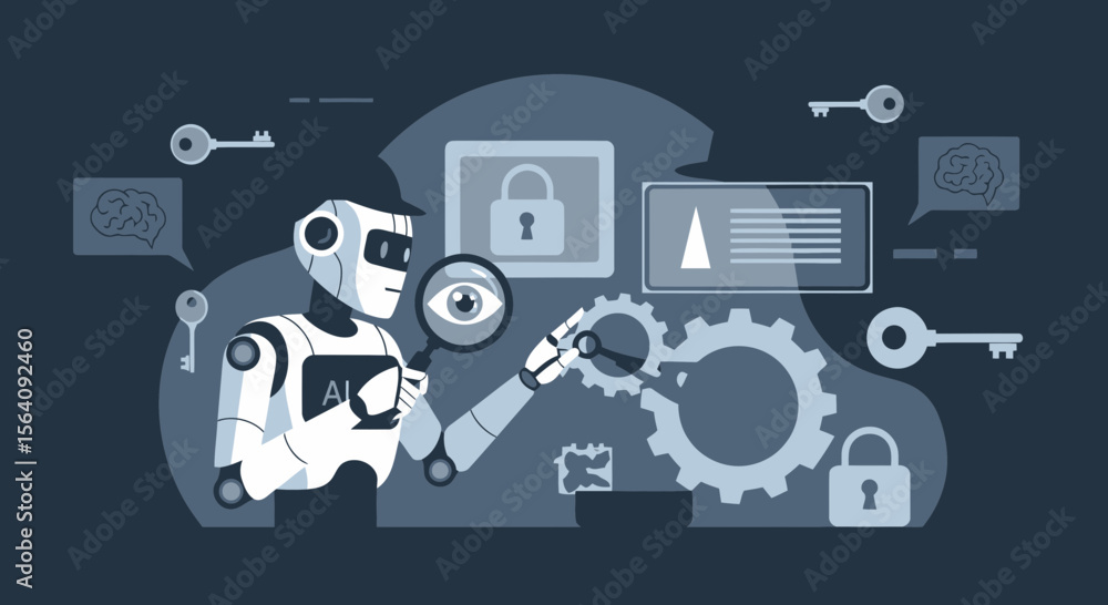 Poster ai powered security system inspects data with magnifying glass and gears