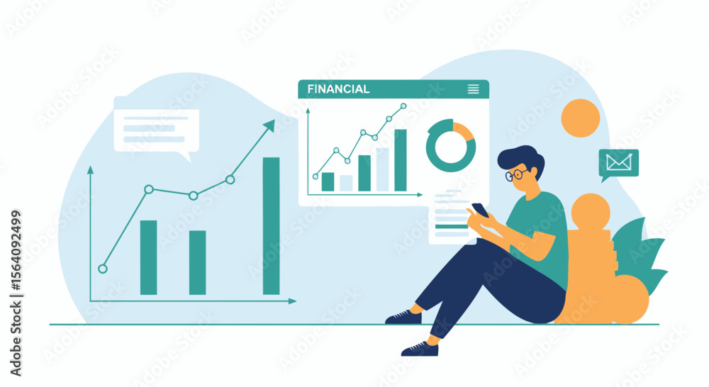 Poster analytics report man using mobile device for data analysis and financial insights