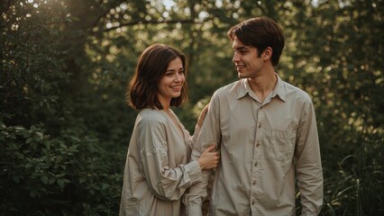 Smiling couple embraces amidst a lush green forest, bathed in soft sunlight creating a romantic and intimate natural moment together.