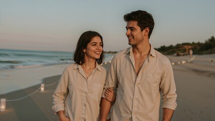 Young couple enjoys a romantic evening walk on the beach together as lanterns light up the coastline at sunset.