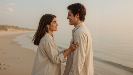 Young couple enjoys a romantic moment on a tranquil beach, creating a lasting memory of love and happiness near the sea.