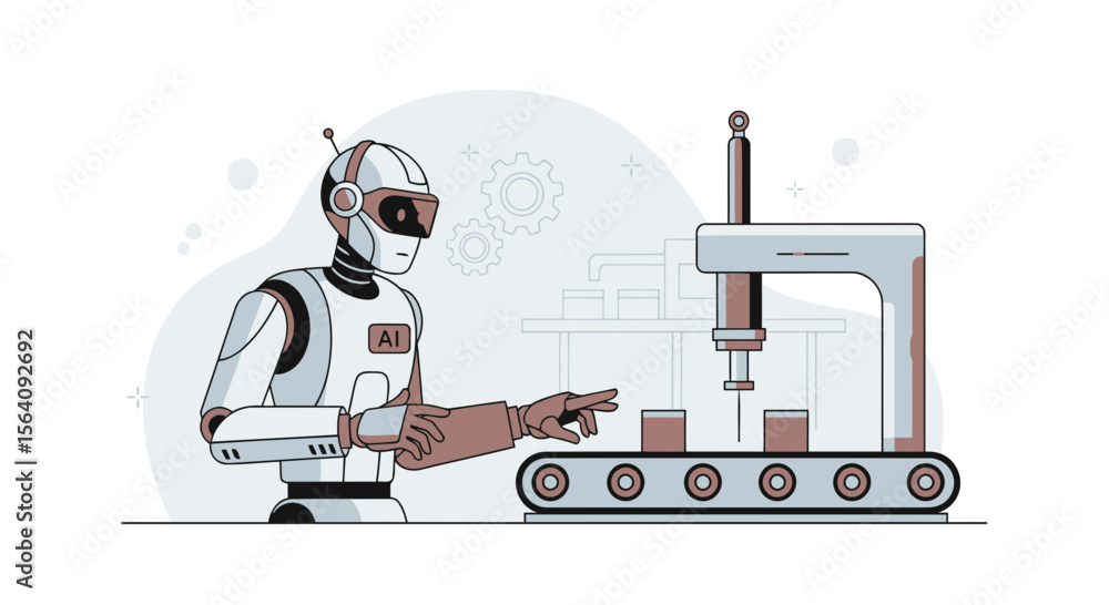 Poster artificial intelligence enhancing industrial automation with robot assistance and conveyor belt