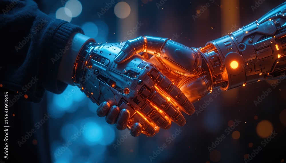 Poster a humanoid robot ai agent hologram sharing knowledge with a human during the singularity symbolizing