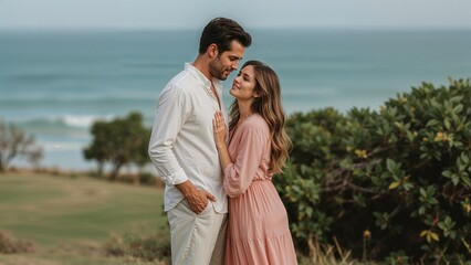 Romantic moment captured of a couple in love, embracing on a green hill overlooking the serene ocean landscape, perfect for love or relationship themes.