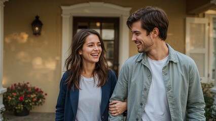Cheerful couple embracing enjoys a walk outside their home, smiles of happiness during a sunny day filled with love