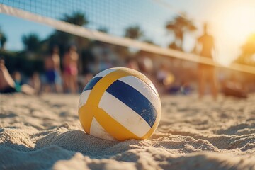 Volleyball on sandy beach with players in the background engaging in a match
