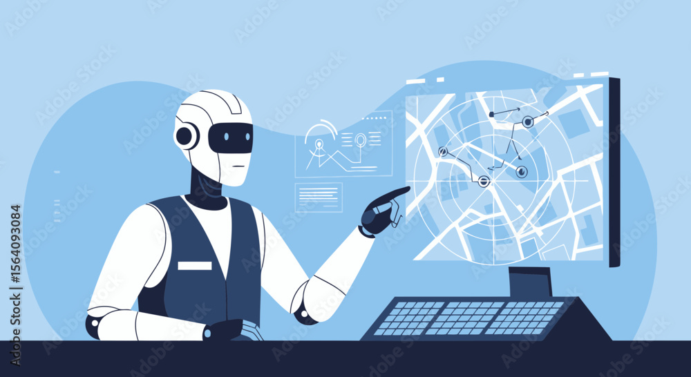 Poster autonomous intelligence analyzing geographic data on a high tech futuristic display