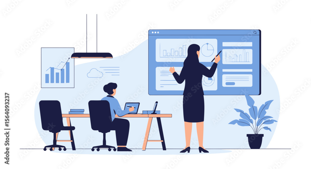 Poster business presentation with data analyst explaining charts and graphs in the office