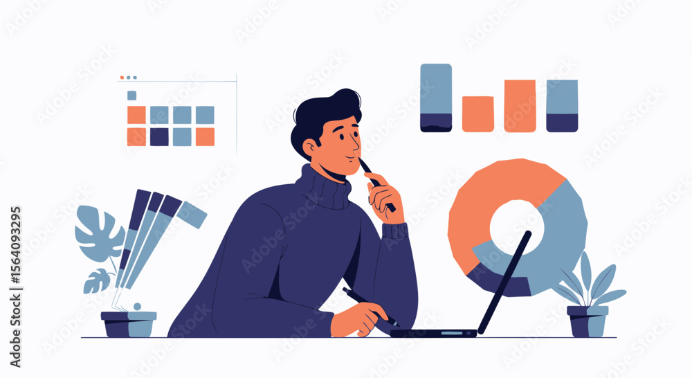 Poster businessman analyzing data thinking and working with laptop and diagrams flat design