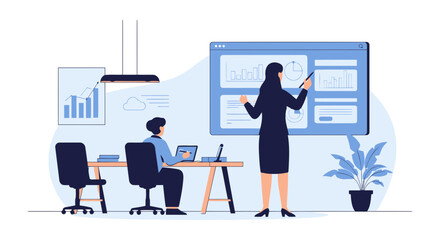 Obraz premium Business Presentation With Data Analyst Explaining Charts and Graphs In The Office