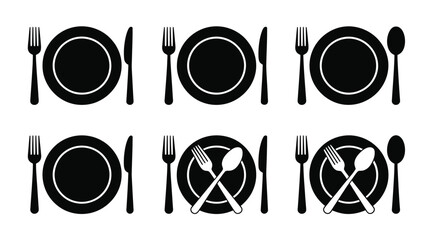 A set of six black and white place settings with plates forks knives and spoons on a white background