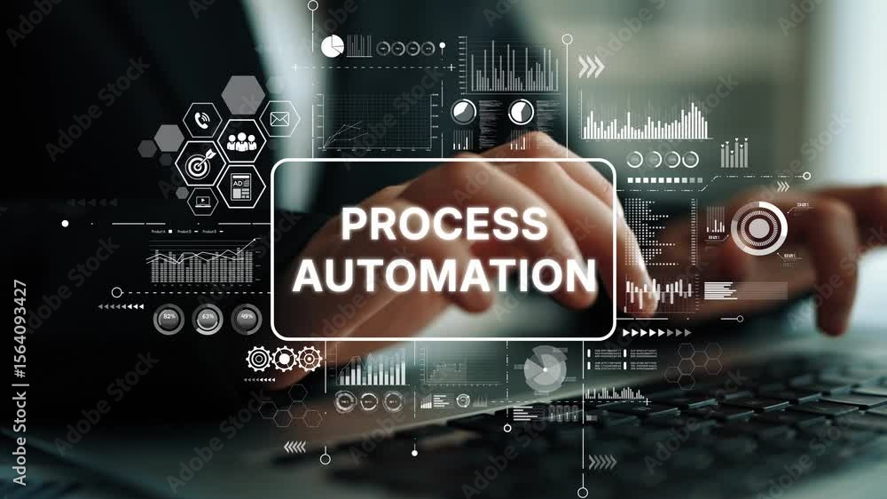 Poster modern hands engaging in process automation with visual technology elements in a bright office setti